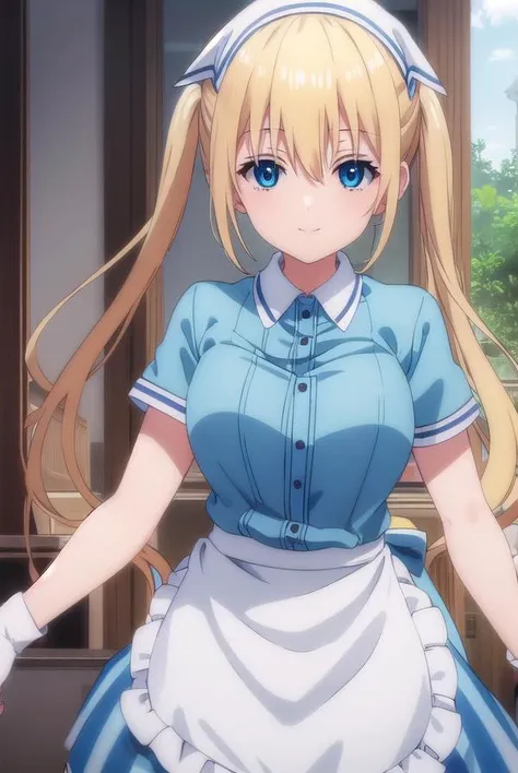 kahohinata, <lora:kaho hinata s1-lora-nochekaiser:1>,
kaho hinata, blonde hair, blue eyes, hair between eyes, long hair, sidelocks, twintails, smile,
BREAK apron, blue shirt, blue skirt, frilled apron, frills, gloves, head scarf, shirt, short sleeves, skirt, uniform, waist apron, waitress, white apron, white gloves,
BREAK indoors, restaurant,
BREAK looking at viewer, (cowboy shot:1.5),
BREAK <lyco:GoodHands-beta2:1>, (masterpiece:1.2), best quality, high resolution, unity 8k wallpaper, (illustration:0.8), (beautiful detailed eyes:1.6), extremely detailed face, perfect lighting, extremely detailed CG, (perfect hands, perfect anatomy),