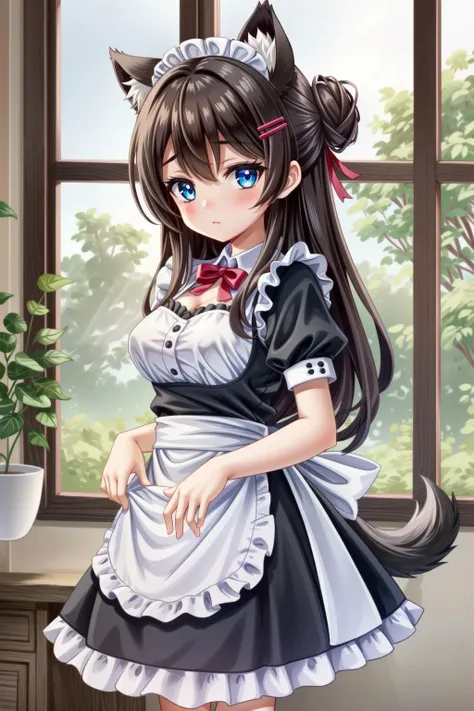 1girl, animal ears, tail, dog ears, solo, long hair, brown hair, dog tail, maid, apron, hair ornament, breasts, dress, maid headdress, blush, window, blue eyes, dog girl, hairclip, hair bun, black dress, short sleeves, white apron, holding, indoors, medium breasts, looking at viewer, maid apron, waist apron