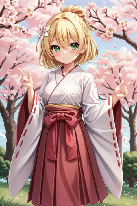 1girl, solo, japanese clothes, green eyes, outdoors, blonde hair, smile, hakama, miko, pink flower, skirt, wide sleeves, hair ornament, hakama skirt, red hakama, long sleeves, blush, day, bangs, closed mouth, flower, looking at viewer, hair flower, tree, kimono, cherry blossoms, white kimono, ribbon-trimmed sleeves, hair between eyes, ribbon trim, short hair, breasts, standing, hand up