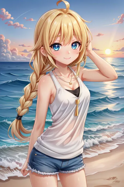 1girl, blonde hair, hachimiya meguru, ahoge, blue eyes, smile, solo, sunset, ocean, long hair, looking at viewer, outdoors, jewelry, beach, necklace, tank top, sky, shorts, collarbone, cloud, braid