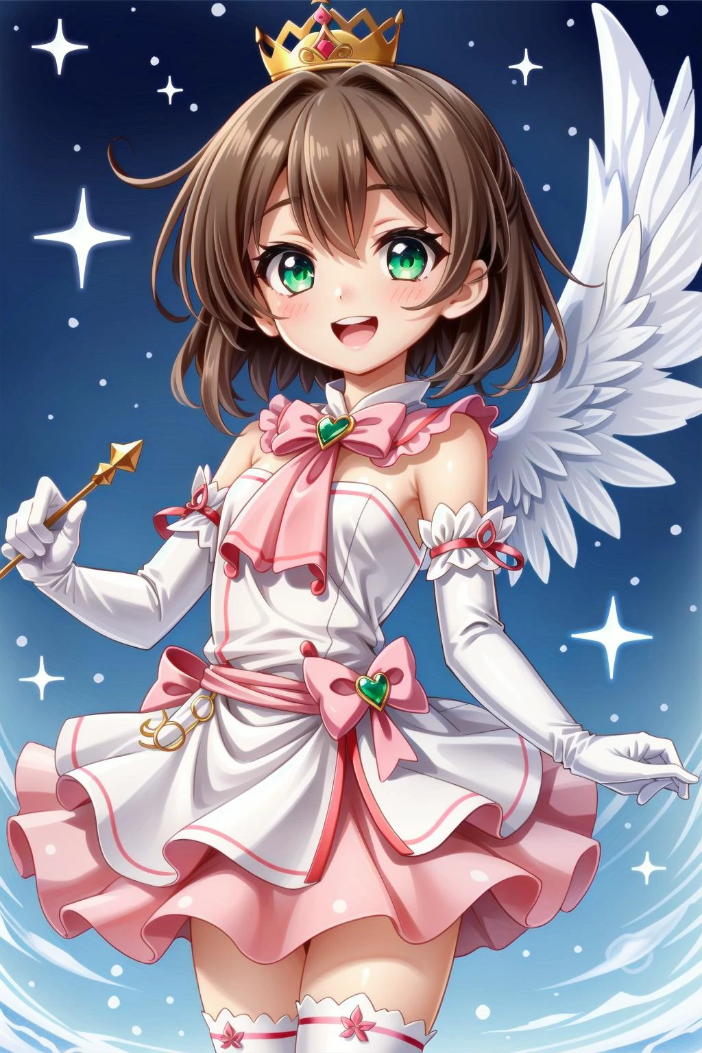 1girl, kinomoto sakura, green eyes, gloves, solo, crown, elbow gloves, wings, short hair, magical girl, brown hair, white gloves, wand, thighhighs, dress, traditional media, open mouth, fuuin no tsue, blush, marker (medium), smile, ascot