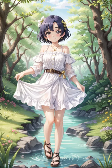 Shiragiku Hotaru, smile, <lora:shiragiku hotaru2:0.8>, 1girl, solo, dress, tree, nature, outdoors, forest, smile, looking at viewer, short dress, sandals, breasts, day, water, white dress, bare shoulders, belt, full body, river, standing, jewelry, rock, bare legs, closed mouth, legs, grass