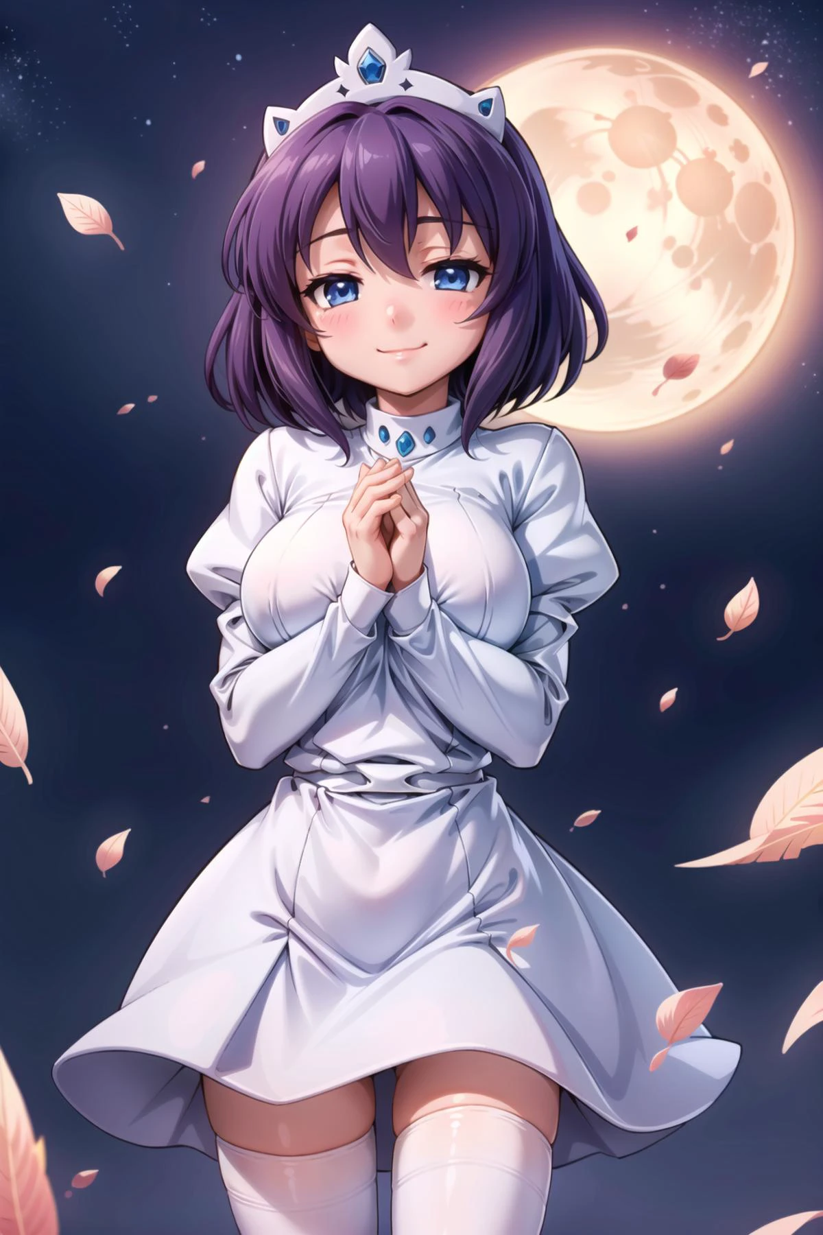 henrietta de tristain, purple hair, blue eyes, short hair,large_breasts, smile, <lora:henrietta_v2a_locon:0.6>, 1girl, solo, thighhighs, closed eyes, wings, nun, head wings, habit, own hands together, breasts, black thighhighs, dress, smile, white wings, praying, long sleeves, puffy sleeves, zettai ryouiki, angel wings, feathered wings, black dress, thighs, bangs, juliet sleeves, facing viewer, cowboy shot, full moon, cross, petals, moon, closed mouth,