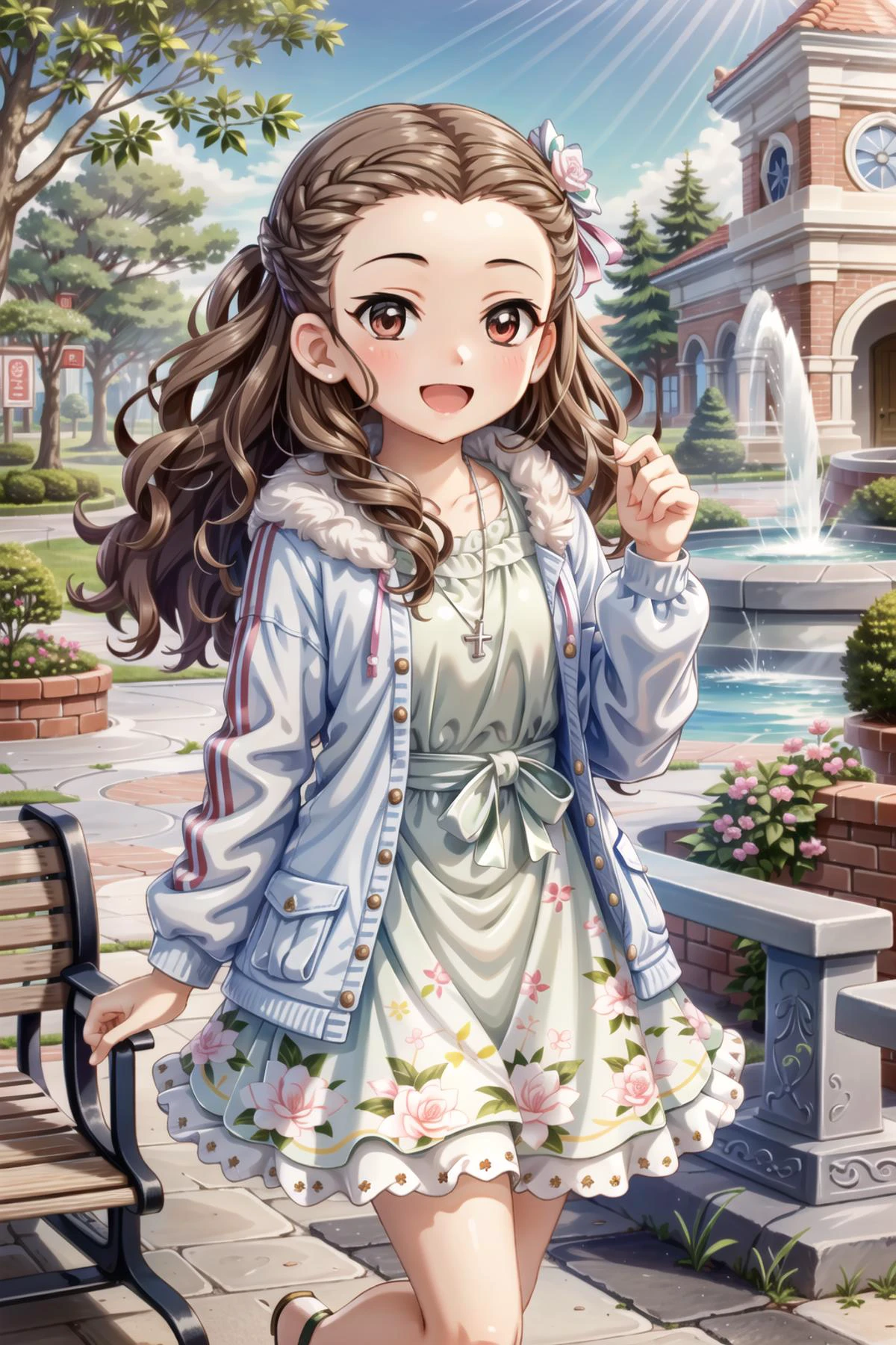 seki hiromi, long hair, brown hair, red eyes, wavy hair, 1girl, solo, smile, outdoors, <lora:Seki_Hiromi:0.9>, 1girl, solo, smile, open mouth, dress, jewelry, tree, necklace, :d, hair ornament, outdoors, looking at viewer, hairclip, floral print, frills, green dress, blush, day, long sleeves, lamppost, jacket, frilled dress, standing, bench, collarbone, bow, fur trim, sparkle, sunlight, leg up, park, bush, fountain, print dress