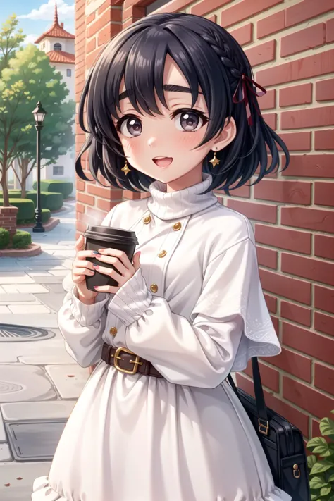 Shiragiku Hotaru, 1girl, solo, smile, outdoors, <lora:shiragiku hotaru2:0.8>, 1girl, solo, holding, cup, holding cup, looking at viewer, belt, bangs, earrings, jewelry, disposable cup, coffee cup, long sleeves, brick wall, shiny hair, capelet, blush, standing, shiny, open mouth, outdoors, dress, buttons, :o, bow, steam, sleeves past wrists, parted lips, sweater, white dress, ribbon, white capelet, turtleneck, nail polish, cowboy shot