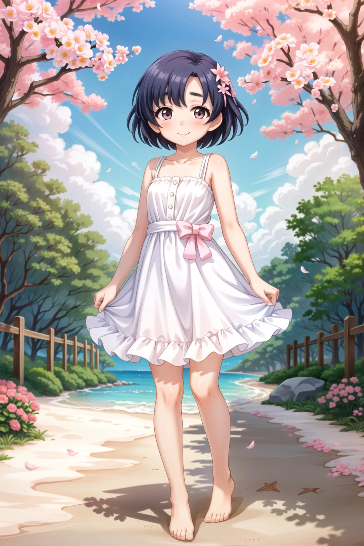 Shiragiku Hotaru, smile, <lora:shiragiku hotaru2:0.8>, 1girl, solo, barefoot, flower, hair flower, hair ornament, dress, outdoors, tree, cherry blossoms, looking at viewer, petals, white dress, day, water, full body, beach, sleeveless, sky, standing, collarbone, sleeveless dress, cloud, v arms, smile, pink flower