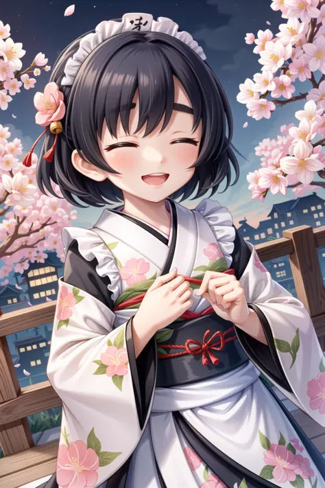 Shiragiku Hotaru, smile, <lora:shiragiku hotaru2:0.8>, 1girl, closed eyes, japanese clothes, solo, hair ornament, smile, flower, open mouth, cherry blossoms, kimono, hair flower, frills, petals, floral print, ^_^, sash, :d, night, maid headdress, wide sleeves, ribbon, dutch angle, sky, obi,