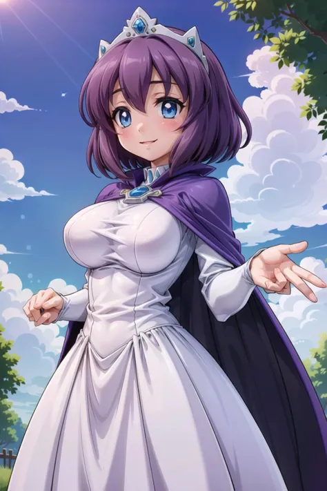 henrietta de tristain, 1girl, solo, purple hair, blue eyes, (cape, purple cape:1.2), short hair,(long_dress:1.6), dress, (long skirt:1.4), (white_dress:1.4), juliet_sleeves, long_sleeves, blush, dress, tiara, princess, large_breasts, outdoors, smile, <lora:henrietta_v2a_locon:0.6>