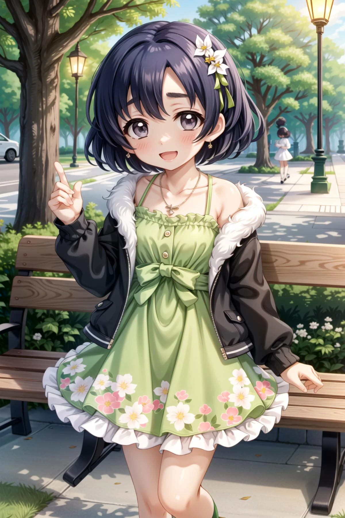 Shiragiku Hotaru, smile, <lora:shiragiku hotaru2:0.8>, 1girl, solo, smile, open mouth, dress, jewelry, tree, necklace, :d, hair ornament, outdoors, looking at viewer, hairclip, floral print, frills, green dress, blush, day, long sleeves, lamppost, jacket, frilled dress, standing, bench, collarbone, bow, fur trim, sparkle, sunlight, leg up, park, bush, fountain, print dress