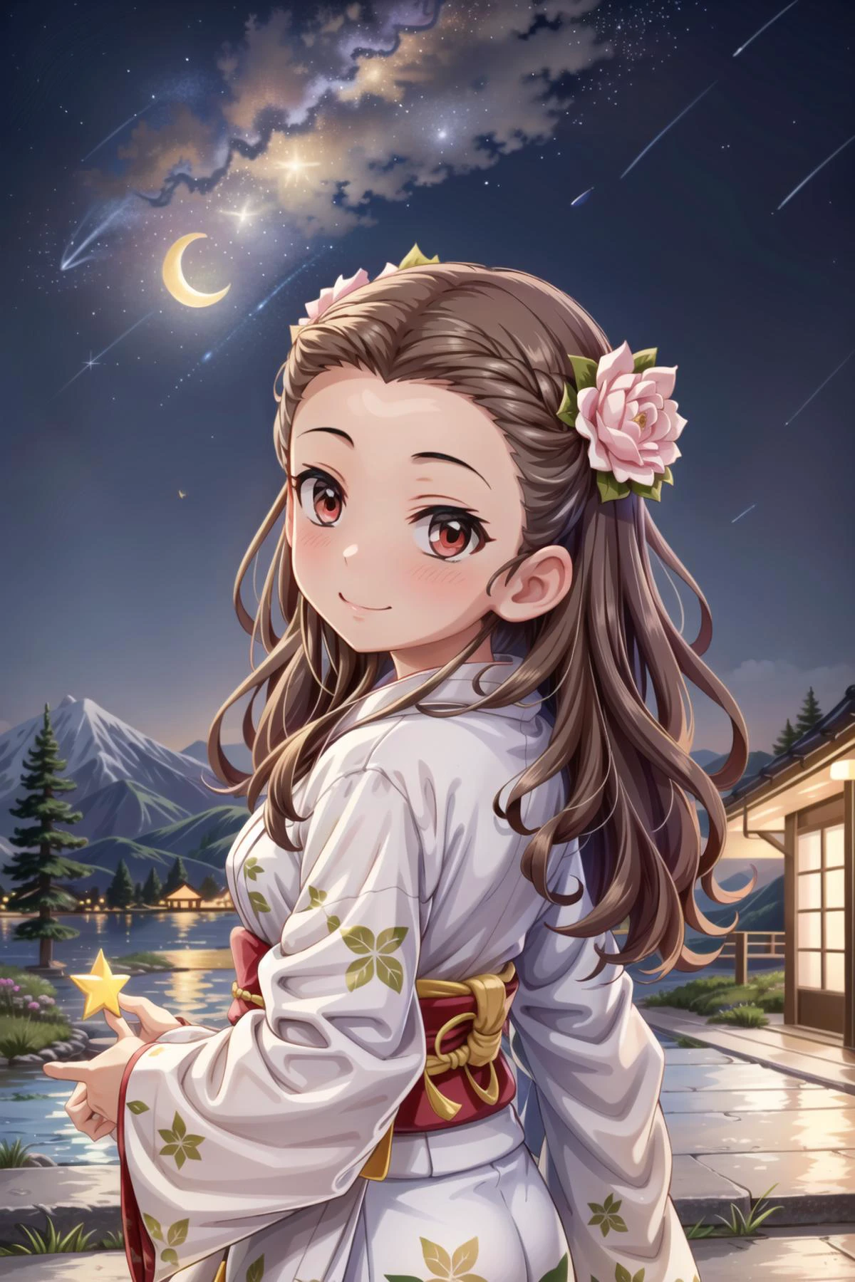 seki hiromi, long hair, brown hair, red eyes, wavy hair, 1girl, solo, smile, outdoors, <lora:Seki_Hiromi:0.9>, 1girl, solo, japanese clothes, moon, sky, kimono,star (sky), night, outdoors, shooting star, floral print, starry sky, looking at viewer, crescent moon, mountain, sash, tree, cloud, night sky, obi, bangs, white kimono, blush, upper body, long sleeves, wide sleeves, yukata, print kimono, closed mouth, mountainous horizon