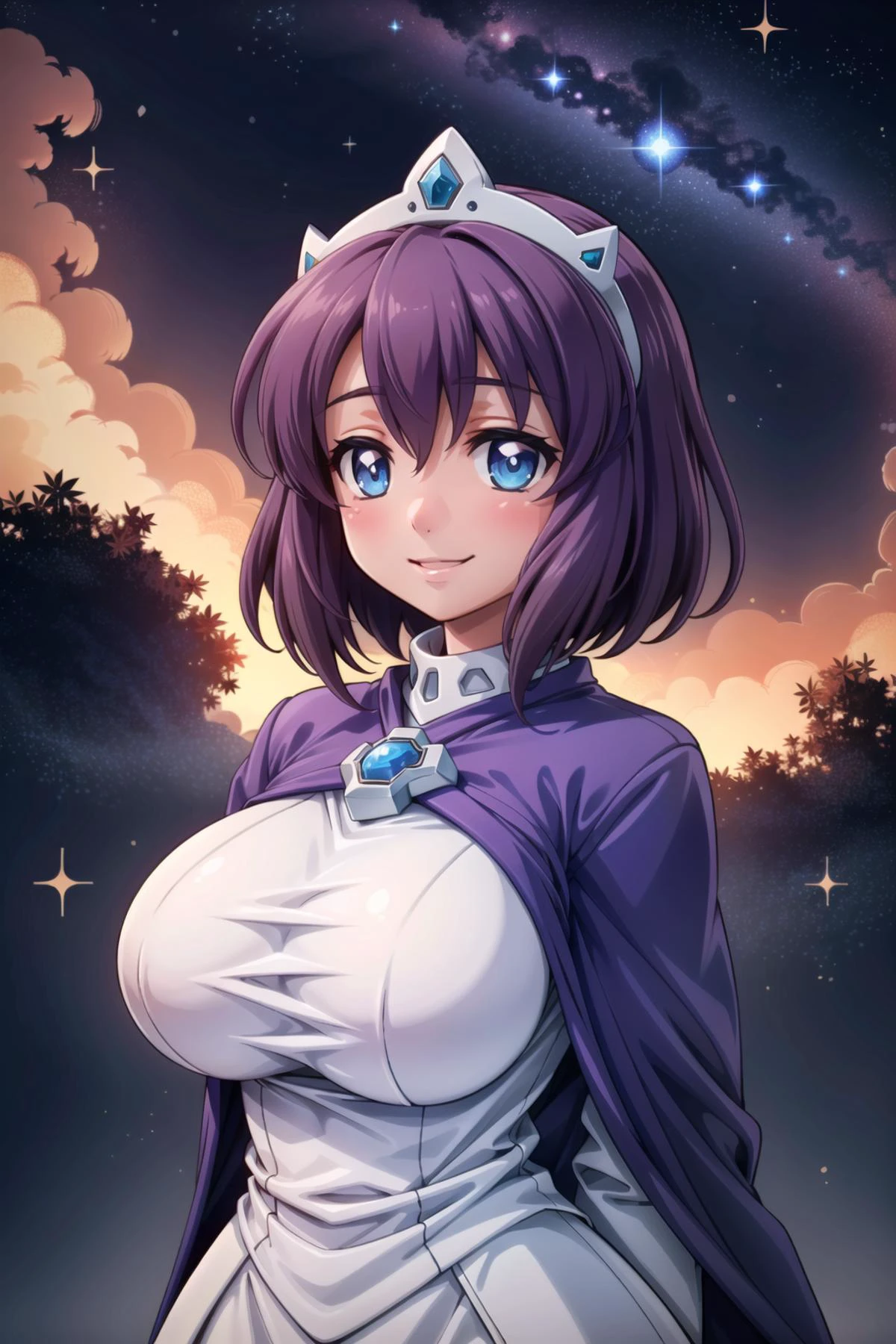 henrietta de tristain, purple hair, blue eyes, short hair,large_breasts, smile, <lora:henrietta_v2a_locon:0.6>, Cozy Autumn themed Nebula, colorful, space, cosmic, high contrast, Autumn, beautiful, fall decor, Autumn elements
