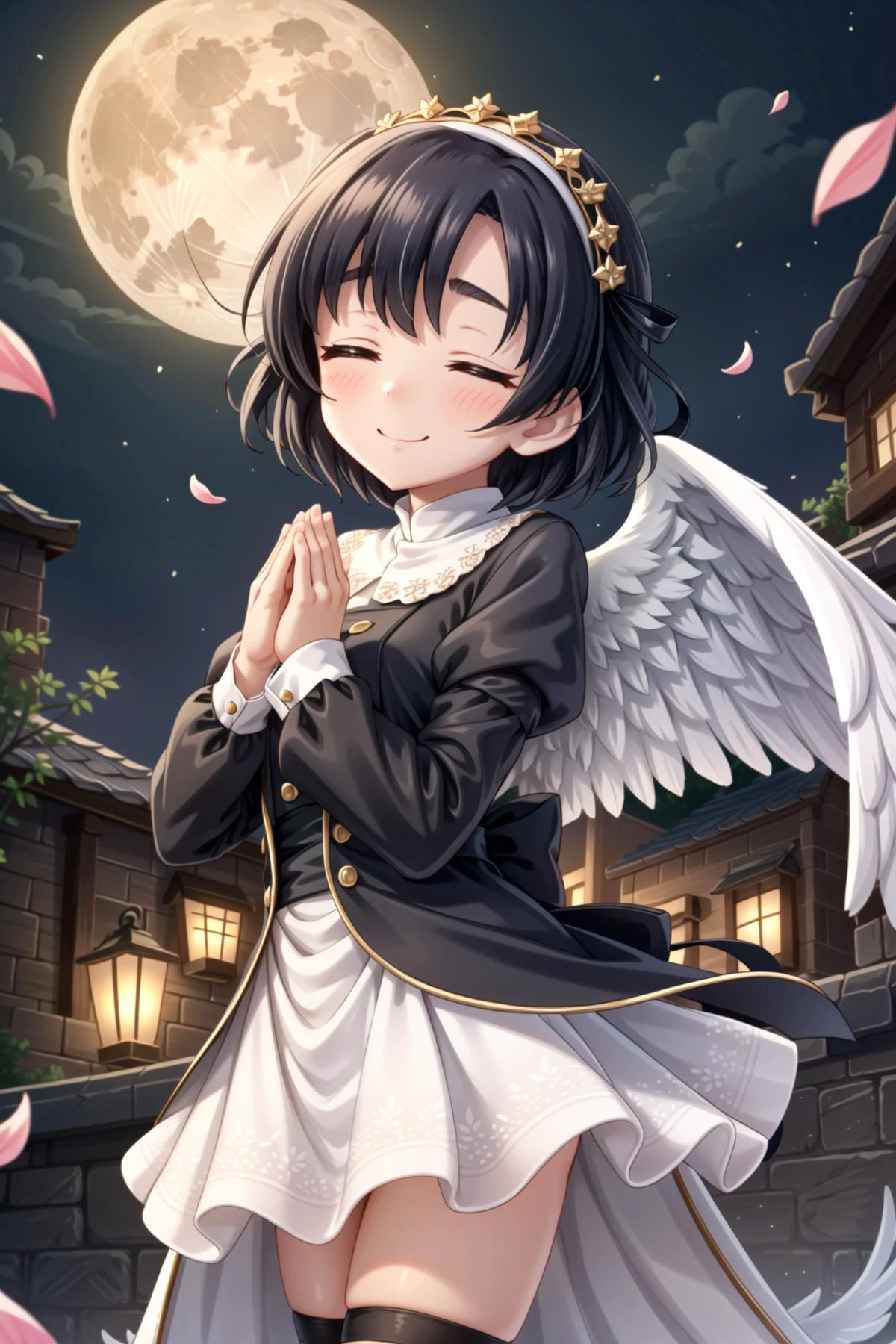 Shiragiku Hotaru, smile, <lora:shiragiku hotaru2:0.8>, 1girl, solo, thighhighs, closed eyes, wings, nun, head wings, habit, own hands together, breasts, black thighhighs, dress, smile, white wings, praying, long sleeves, puffy sleeves, zettai ryouiki, angel wings, feathered wings, black dress, thighs, bangs, juliet sleeves, facing viewer, cowboy shot, full moon, cross, petals, moon, closed mouth