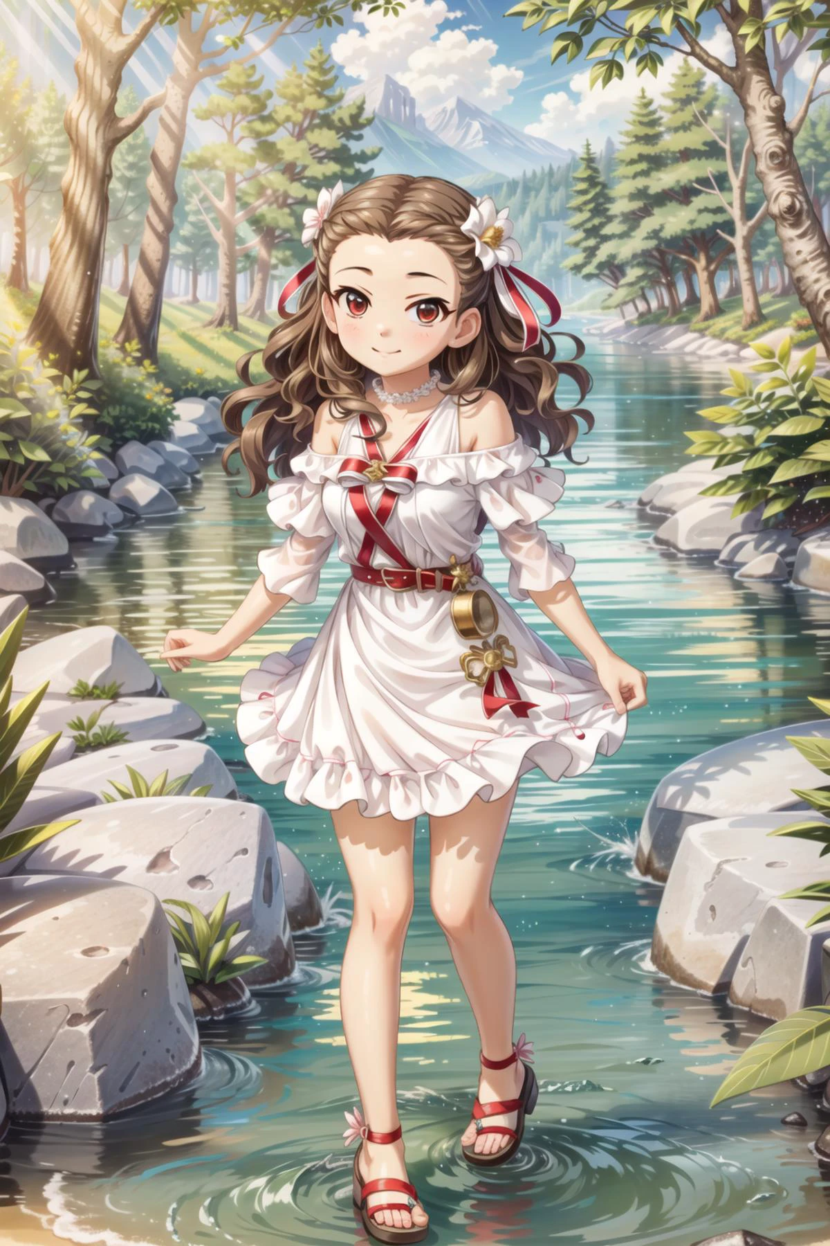 seki hiromi, long hair, brown hair, red eyes, wavy hair, 1girl, solo, smile, outdoors, <lora:Seki_Hiromi:0.9>, 1girl, solo, dress, tree, nature, outdoors, forest, smile, looking at viewer, short dress, sandals, breasts, day, water, white dress, bare shoulders, belt, full body, river, standing, jewelry, rock, bare legs, closed mouth, legs, grass