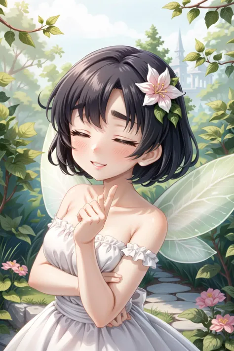 Shiragiku Hotaru, 1girl, solo, smile, outdoors, <lora:shiragiku hotaru2:0.8>, 1girl, flower, dress, solo, closed eyes, fairy, fairy wings, pink flower, white dress, wings, strapless, strapless dress, bare shoulders, hair ornament, hair flower, blush, parted lips, red lips, collarbone, upper body, makeup, lipstick, breasts, thick eyebrows, leaf