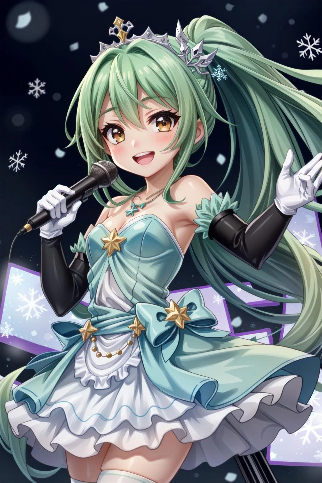 1girl, snowflakes, gloves, green hair, microphone, dress, brown eyes, microphone stand, elbow gloves, tiara, jewelry, smile, open mouth, looking at viewer, necklace, solo, :d, audience