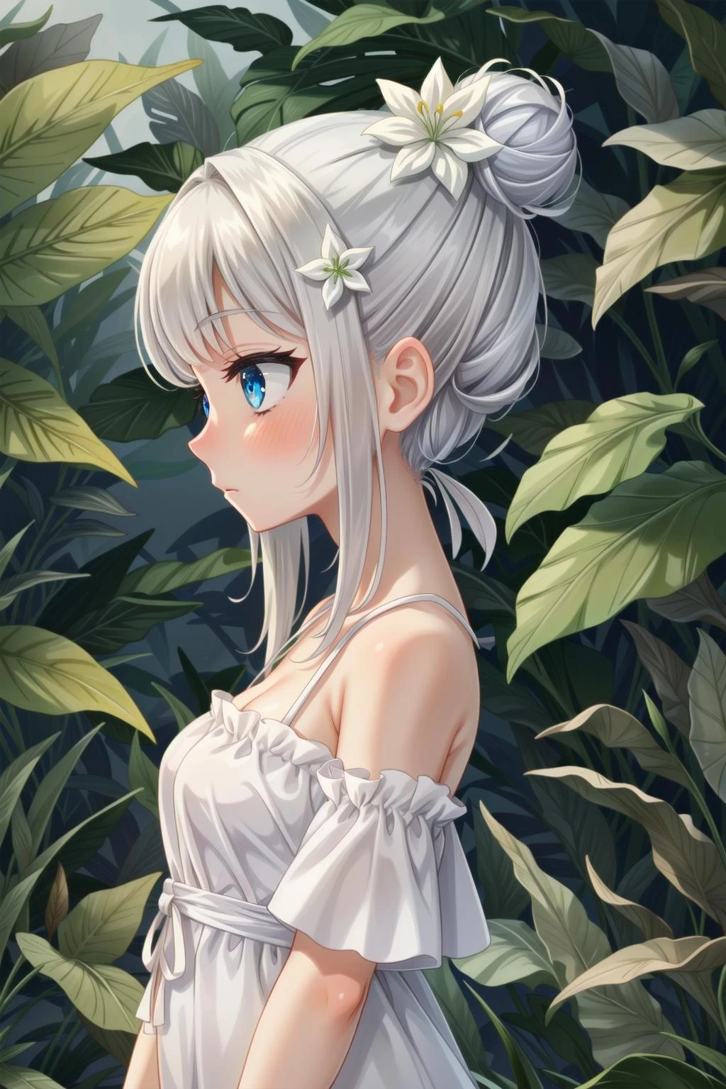 1girl, solo, white flower, flower, upper body, hair flower, hair ornament, from side, breasts, blue eyes, small breasts, bangs, sidelocks, blush, off shoulder, leaf, bare shoulders, white dress, closed mouth, profile, plant, dress, grey hair, hair bun, long hair
