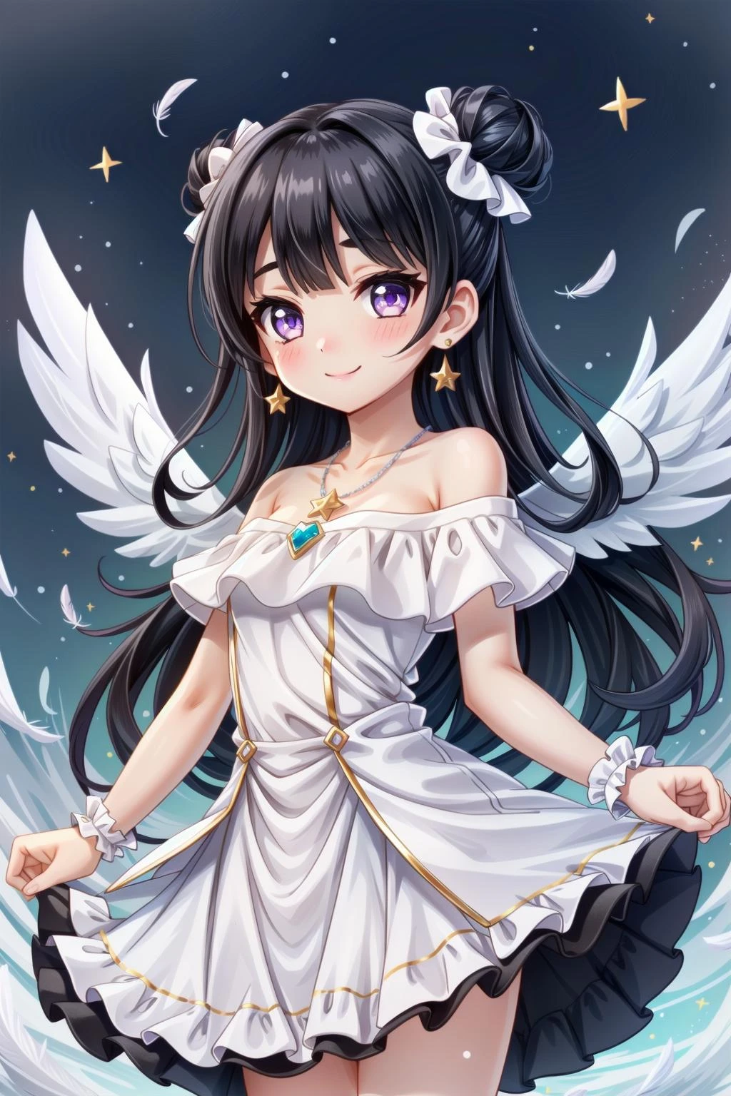 1girl, solo, tsushima yoshiko, dress, jewelry, feathers, looking at viewer, wings, hair bun, hair ornament, necklace, smile, scrunchie, earrings, white dress, blue hair, wrist scrunchie, bangs, purple eyes, single side bun, blush, star (symbol), sparkle, frills, frilled dress, collarbone, white feathers, white wings, angel wings, single hair bun, long hair, feathered wings, bare shoulders, black hair, wind