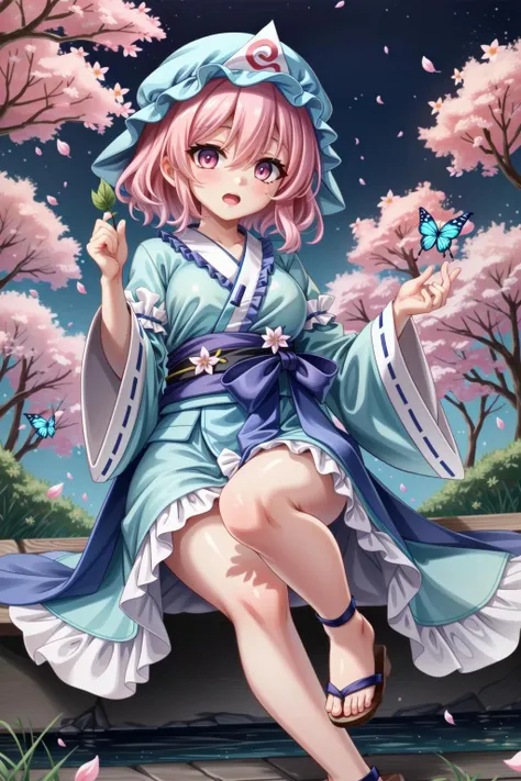 1girl, saigyouji yuyuko, pink hair, butterfly, bug, solo, hat, cherry blossoms, japanese clothes, triangular headpiece, mob cap, short hair, kimono, blue headwear, pink eyes, wide sleeves, long sleeves, blue kimono, frills, looking at viewer, tree, breasts, night, barefoot, bangs, petals, sandals, hair between eyes, frilled kimono, open mouth, toes, feet