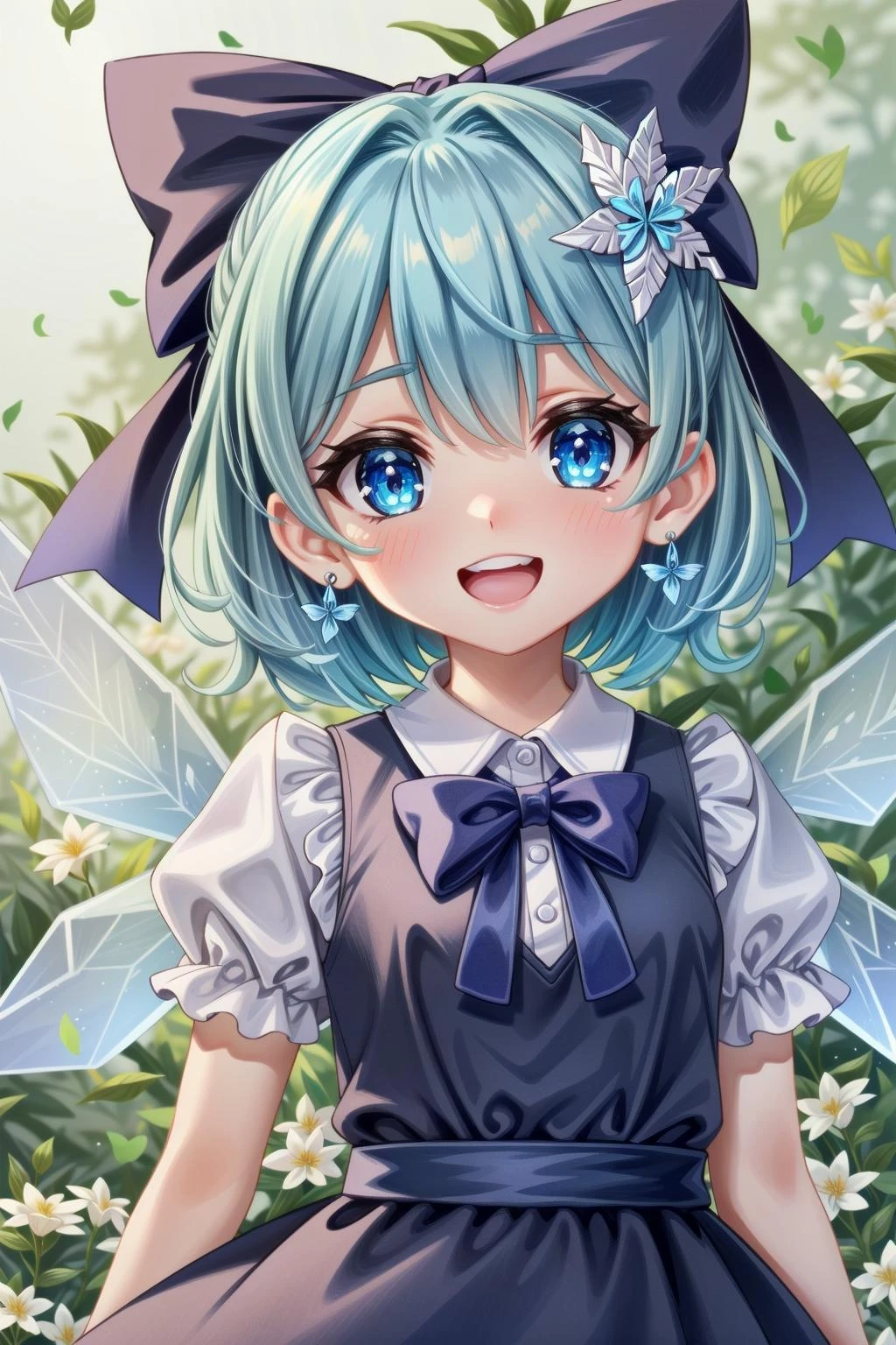 1girl, cirno, solo, blue eyes, bow, blue hair, wings, bug, butterfly, ice, blue bow, ice wings, open mouth, jewelry, hair ornament, short sleeves, short hair, hair bow, puffy sleeves, smile, earrings, hair flower, looking at viewer, flower, puffy short sleeves, blurry, bangs, dress, upper body, blue butterfly, blue dress, blurry background, upper teeth only, teeth, bowtie, crystal, shirt, blush, adapted costume, white shirt, :d, ribbon, depth of field