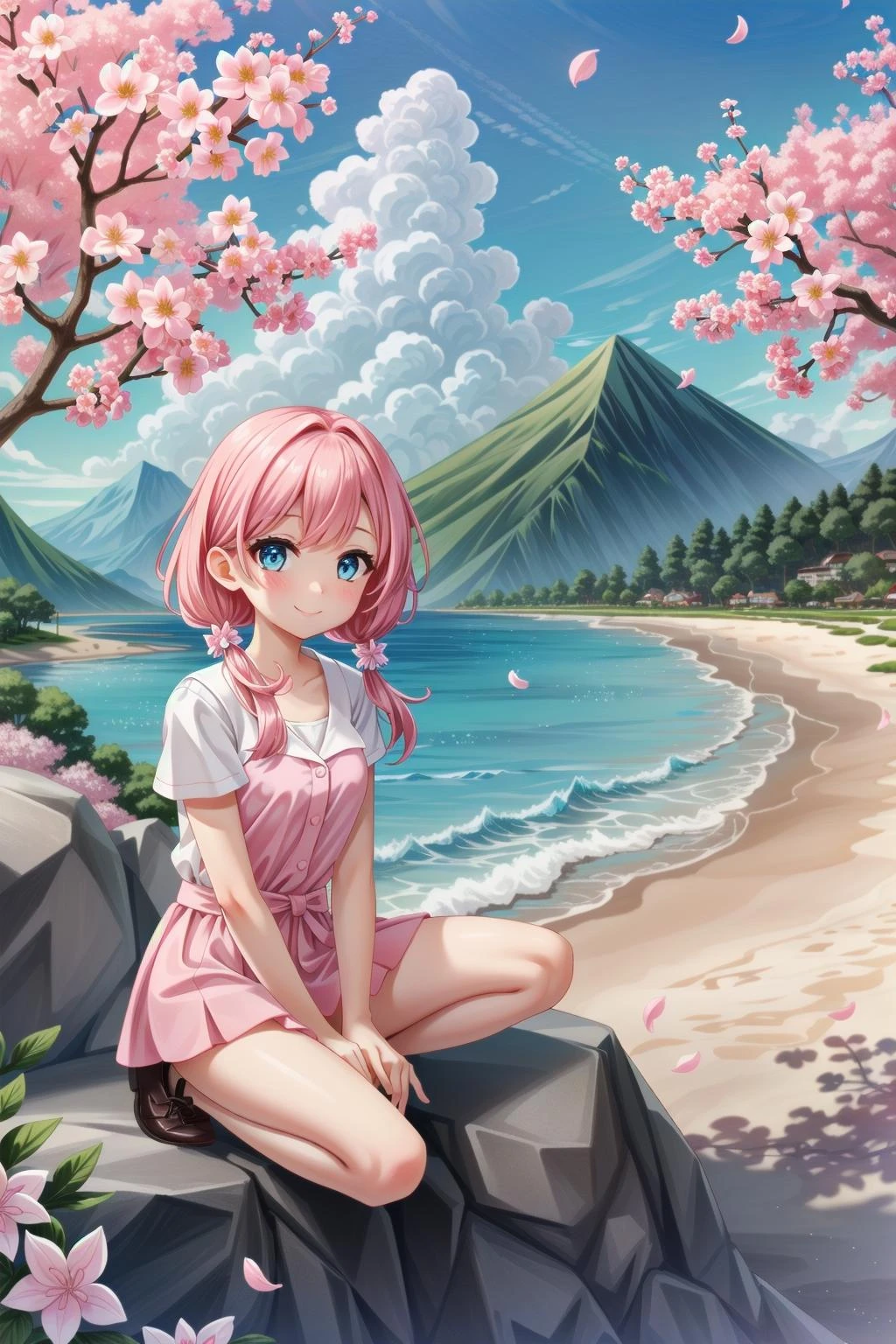 1girl, solo, smile, pink hair, outdoors, scenery, sky, day, cherry blossoms, tree, cloud, beach, ocean, petals, blue sky, pink flower, water, flower, shore, mountain, sand, rock, nature, horizon