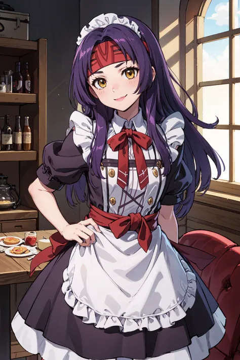 <lora:sanakiV1:0.9>,def_sanaki,smile,headband,maid,maid headdress,maid apron,cafe,(masterpiece, best quality, ultra-detailed, best shadow)