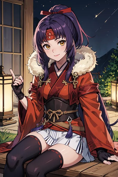 (upper body:1.2),smile,closed mouth,<lora:sanakiV1:0.85>,nin_sanaki,closed mouth,ponytail, thighhighs, gloves, red japanese clothes,fingerless gloves, cape, sandals, black thighhighs, looking at viewer, armor,fur trim, zettai ryouiki,obi, black gloves, wide sleeves, red kimono, miniskirt, toes, long sleeves, ribbon,japaese garden,night,outdoors, (masterpiece, best quality, ultra-detailed, best shadow)