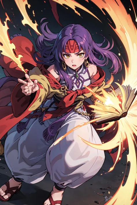 (holding book fire storm,fighting stance:1.2),<lora:sanakiV1:0.9>,def_sanaki, robe, looking at viewer, cloak, puffy pants,, sandals, long sleeves,cape, bare shoulders, jewelry, wide sleeves, dress,dark, (masterpiece, best quality, ultra-detailed, best shadow)