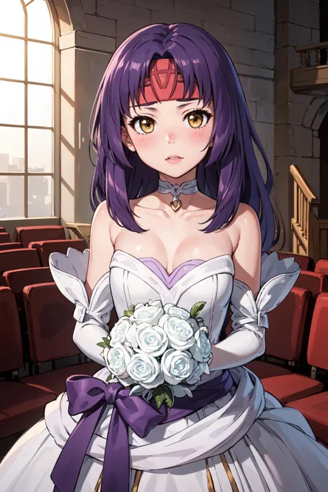 <lora:sanakiV1:0.9>,wed_sanaki,long hair, wedding dress,bridal,wedding,blush, bouquet, looking at viewer, bare shoulders,detached sleeves,strapless dress, purple bow,choker,collarbone,, tassel, chapel, (masterpiece, best quality, ultra-detailed, best shadow)