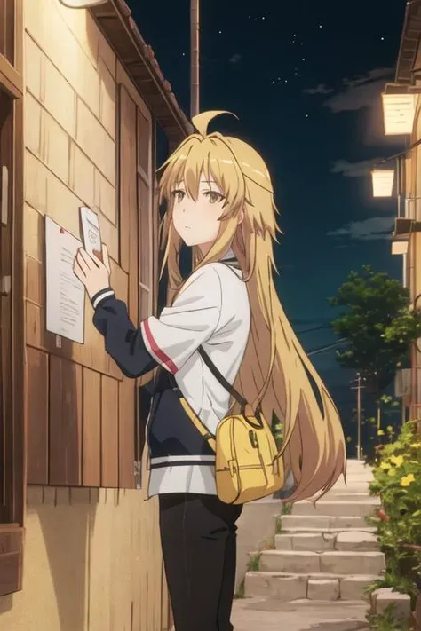 best quality, masterpiece, highres, solo, {kagayama_kaede_nonnonbiyori:1.15}, blonde_hair, long_hair, brown_eyes, ahoge, 1girl, brown_hair, closed_eyes, helmet, parody, anime_coloring, night