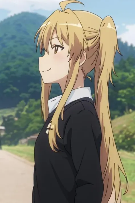best quality, masterpiece, highres, solo, {kagayama_kaede_nonnonbiyori:1.15}, blonde_hair, long_hair, brown_eyes, ahoge, 1girl, anime_coloring, profile, smile