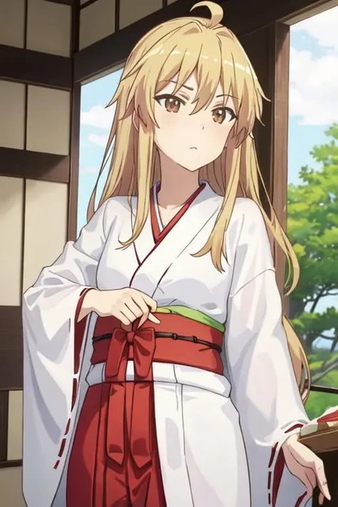 best quality, masterpiece, highres, solo, {white kimono:1.35}, {red hakama:1.35}, {wide sleeves:1.20}, {kagayama_kaede_nonnonbiyori:1.15}, blonde_hair, long_hair, brown_eyes, ahoge