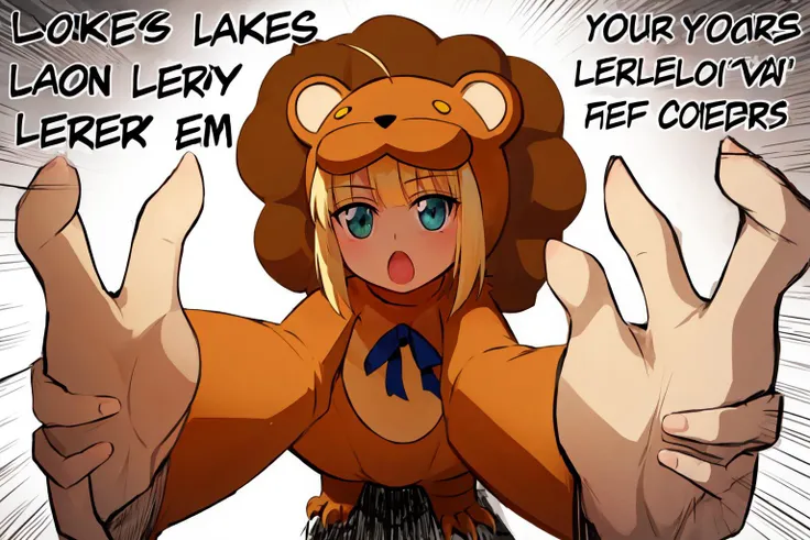 letmeholdthem, simple background, english text, 1girl, solo, saberlio, ahoge, animal costume, lion <lora:concept_heavymilkers:1> <lora:saberlio:0.85>