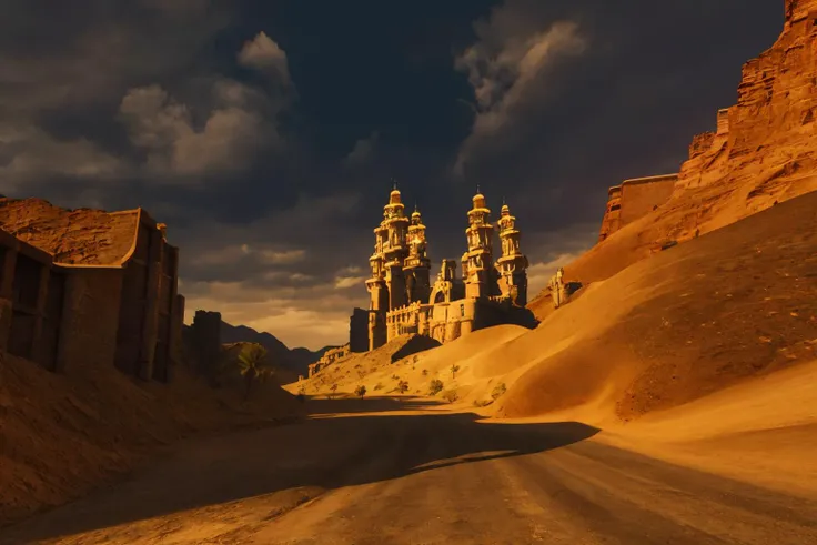 masterpiece, best quality, <lora:ffxii-nvwls-v01:1> 12style, city street, night sky, darkness, rain, overcast, desert, castle