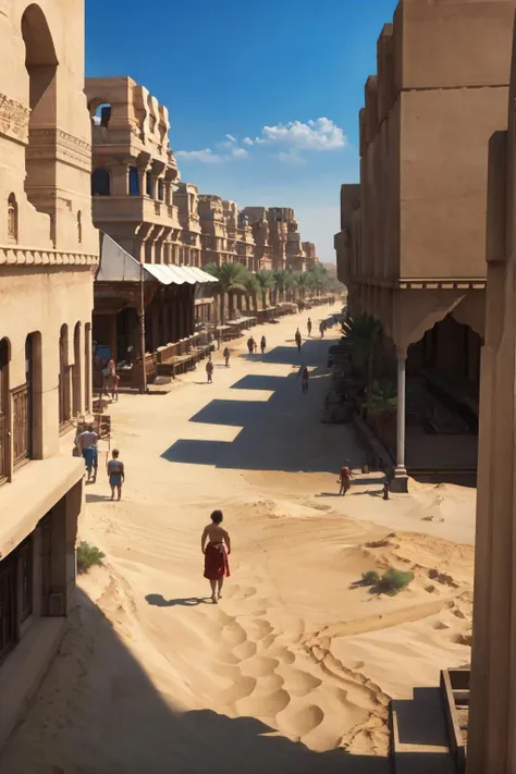 masterpiece, best quality, 12style, castle, city street, desert, blue sky, walls, 6+ people, bazaar, sand, palm tree, spires <lora:ffxii-nvwls-v1:1.2>