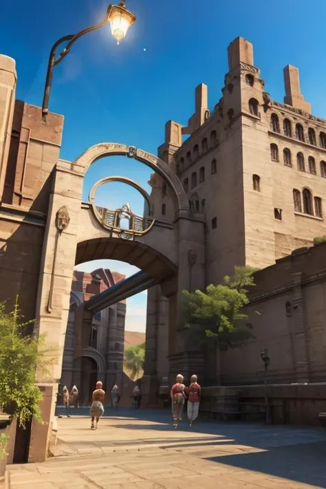 masterpiece, best quality, 12style, castle, city street, desert, blue sky, walls, 6+ people, bridge, archway, lamppost <lora:ffxii-nvwls-v1:1.2>