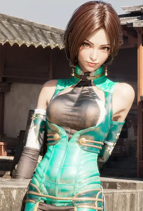 (yueying:0.9),realistic, 8K, (photorealistic:1.4), beautiful eyes, best quality, ultra-detailed, 1girl, smile, teasing, photon mapping, physically-based rendering, (((looking at camera))), realistic, solo, outdoor, day, glowing skin, <lora:yueying:1.2>, <lora:CHDoll:0.2>, (((bokeh background))), green and gold clothes, photo of yueying one hand up showing armpit, armpit, extreme close up