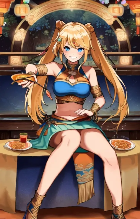 ((best quality)), ((highly detailed)), masterpiece, ((official art)), (detailed eyes, deep eyes), (1girl:1.33, solo), <lora:sexyDancer_v10:.9>, dnc_glam, wearing dnc_glam, (oriental dancer outfit), (<lora:characterNarukoV1:.6>, naruko \(naruto\), (facial marks), blond hair, long hair, twin tails, blue eyes, naruto uzumaki, orange clothes, bowl of ramen, sitting at table, happy grin, chopsticks)