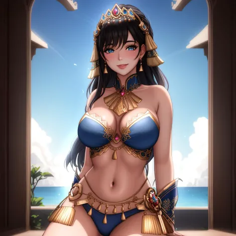pov, paizuri, 1girl, 1boy, , , paizuri, penis between the breasts, Egyptian goddess, sandy desert, oasis, beautiful, accessories, cleavage, wet penis motion effects, naughty and pervert goddess, dark skin, fantasy
