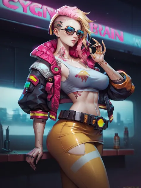 score_9, score_8_up, score_7_up, score_6_up, score_5_up, score_4_up,source_anime,cowboy shot,  solo woman,( [blonde hair:pink hair] undercut long :1.4), large breasts, cyberpunk jacket, ,tribal tattoo all over body, golden shiny metal cybernetic left arm, short tank top with print on it, skirt,tight leggings,big metal belt, big thighs, wide hips,side view,(wearing sunglasses, inside apartment), neon city at night,  <lora:Concept Art Twilight Style SDXL_LoRA_Pony Diffusion V6 XL:1>