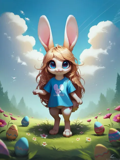 score_9, score_8_up, score_7_up, score_6_up, score_5_up, score_4_up,UHD,adorable cute fluffy rabbit creature wearing tshirt, very big eyes, very tall grass, big flowers,easter eggs, clouds,sunlight, <lora:Concept Art Twilight Style SDXL_LoRA_Pony Diffusion V6 XL:1> <lora:Expressive_H:1>