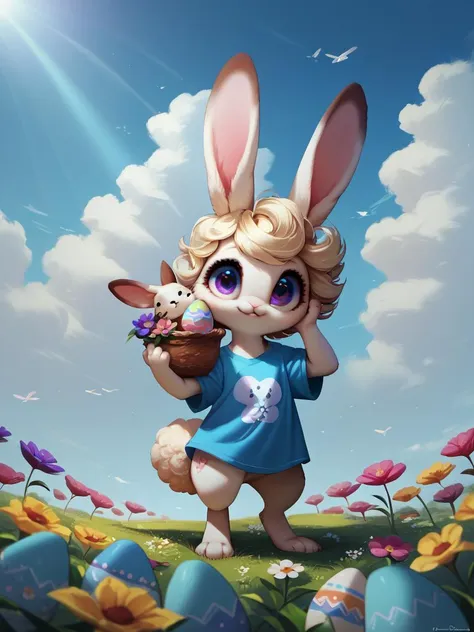 score_9, score_8_up, score_7_up, score_6_up, score_5_up, score_4_up,UHD,adorable cute fluffy rabbit creature wearing tshirt, very big eyes, meadow, flowers,easter eggs, clouds,sunlight, <lora:Concept Art Twilight Style SDXL_LoRA_Pony Diffusion V6 XL:1> <lora:Expressive_H:1>