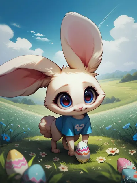 score_9, score_8_up, score_7_up, score_6_up, score_5_up, score_4_up,UHD,adorable cute fluffy rabbit creature wearing tshirt, very big eyes, very tall grass, big flowers,easter eggs, clouds,sunlight, <lora:Concept Art Twilight Style SDXL_LoRA_Pony Diffusion V6 XL:1> <lora:Expressive_H:1>