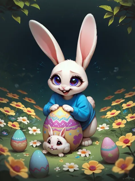 score_9, score_8_up, score_7_up, score_6_up, score_5_up, score_4_up,UHD,adorable cute rabbit creature wearing tshirt, very big eyes,, big head begging eyes, meadow, flowers,easter eggs, <lora:Concept Art Twilight Style SDXL_LoRA_Pony Diffusion V6 XL:1> <lora:Expressive_H:1>