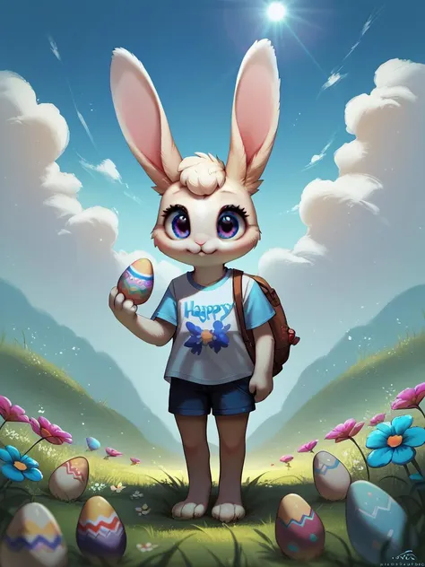 score_9, score_8_up, score_7_up, score_6_up, score_5_up, score_4_up,UHD,adorable cute fluffy rabbit creature wearing tshirt, very big eyes, tall grass, flowers,easter eggs, clouds,sunlight,<lora:Concept Art Twilight Style SDXL_LoRA_Pony Diffusion V6 XL:1> <lora:Expressive_H:1>