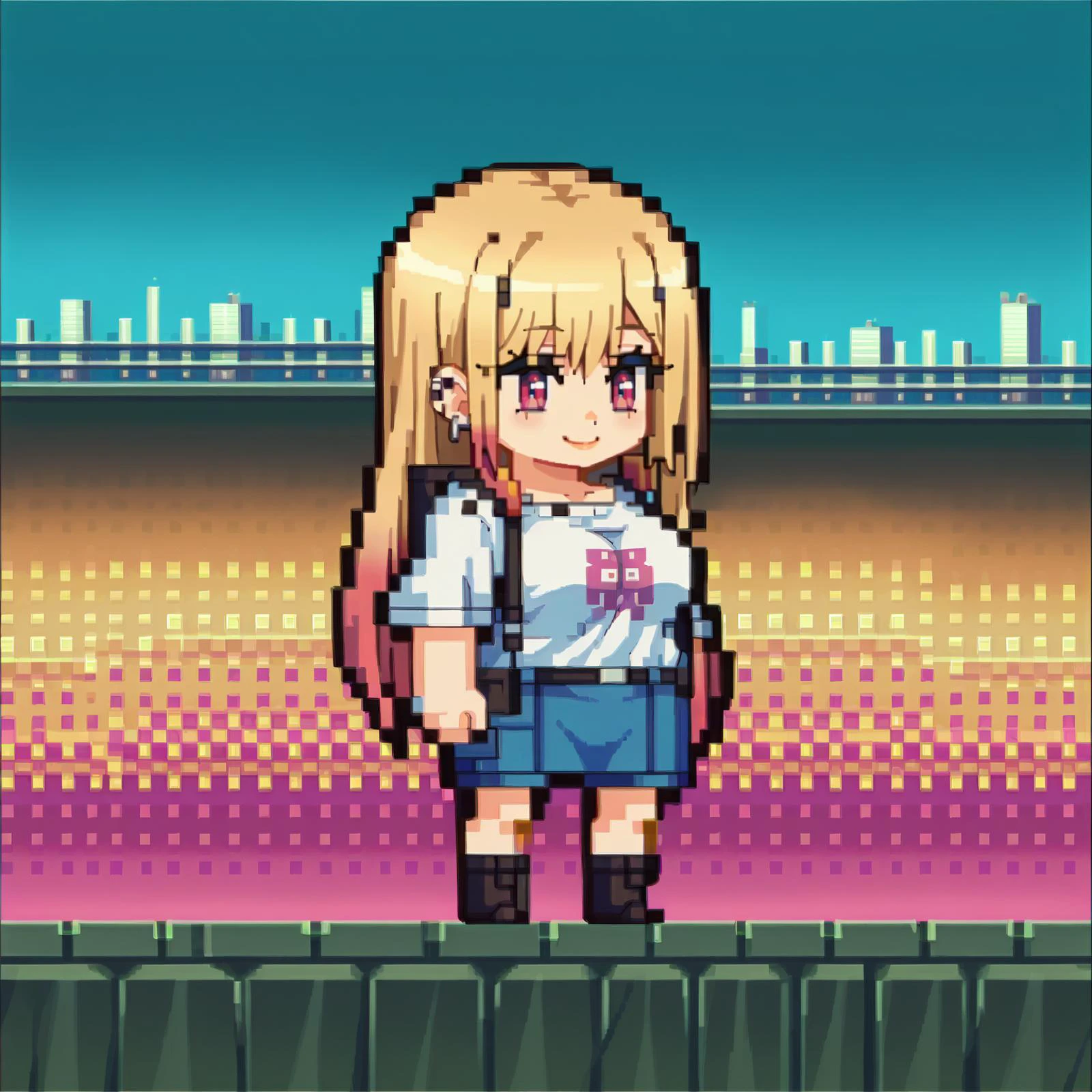 score_9, score_8_up, score_7_up BREAK source_anime, 1girl, solo,chibi, pixel art, full body,city background,large breasts
<lora:SonoBisqueDoll_KitagawaMarinXL:0.85> kitagawamarin, magenta eyes, gradient blonde hair, ear piercing, earrings,long hair,smile,shirt
<lora:ChibiPixelArt_XLPD:0.75>