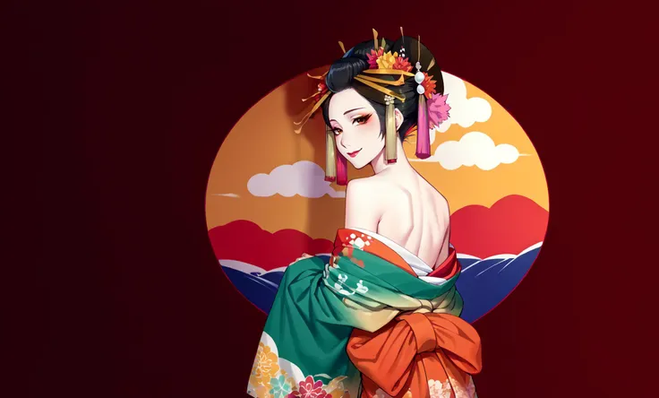 score_9, score_8_up, score_7_up, score_6_up, score_5_up, score_4_up, BREAK ,cowboy shot,1girl,solo,smile,source_anime,
beautiful edgOiran_woman,off-shoulder kimono,perfect edgOiran_face,perfect edgOiran_body,edgOiran_makeup,edgOiran_hairstyle,((from the back)),looking back
<lora:edgOiranPonyv1:1>