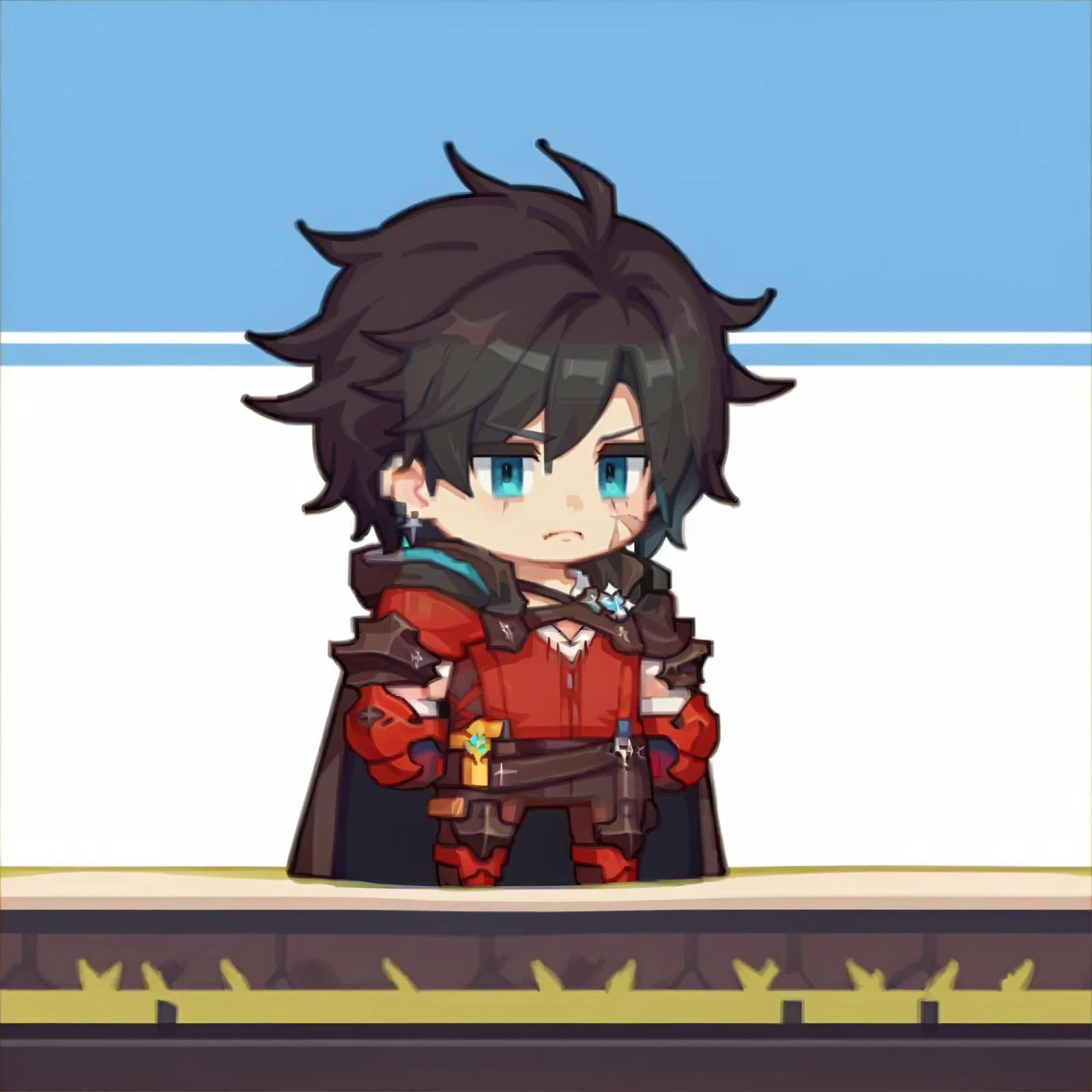 score_9, score_8_up, score_7_up BREAK source_anime, 1boy, solo,chibi, pixel art, full body,caste background,dark hair
<lora:ChibiPixelArt_XLPD:1> <lora:edgCliveRosfieldPony:1> edgclive, scar on face, cape, red armor