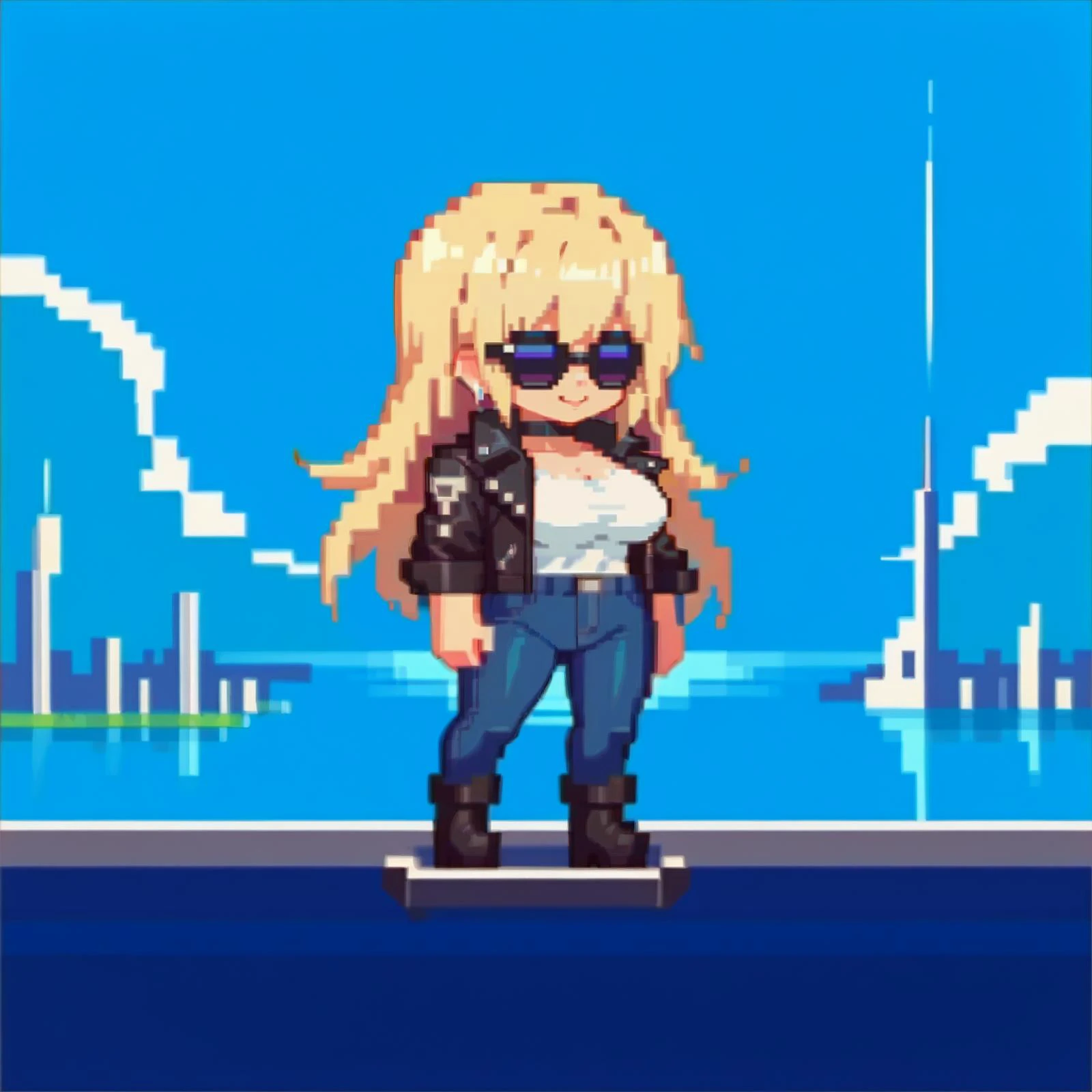 score_9, score_8_up, score_7_up BREAK source_anime, 1girl, solo,chibi, pixel art, full body,city background,large breasts,smile
<lora:edgNadiaPony:0.8> nadia, sunglasses, choker,blonde,leather jacket,jeans,boots
<lora:ChibiPixelArt_XLPD:0.9>