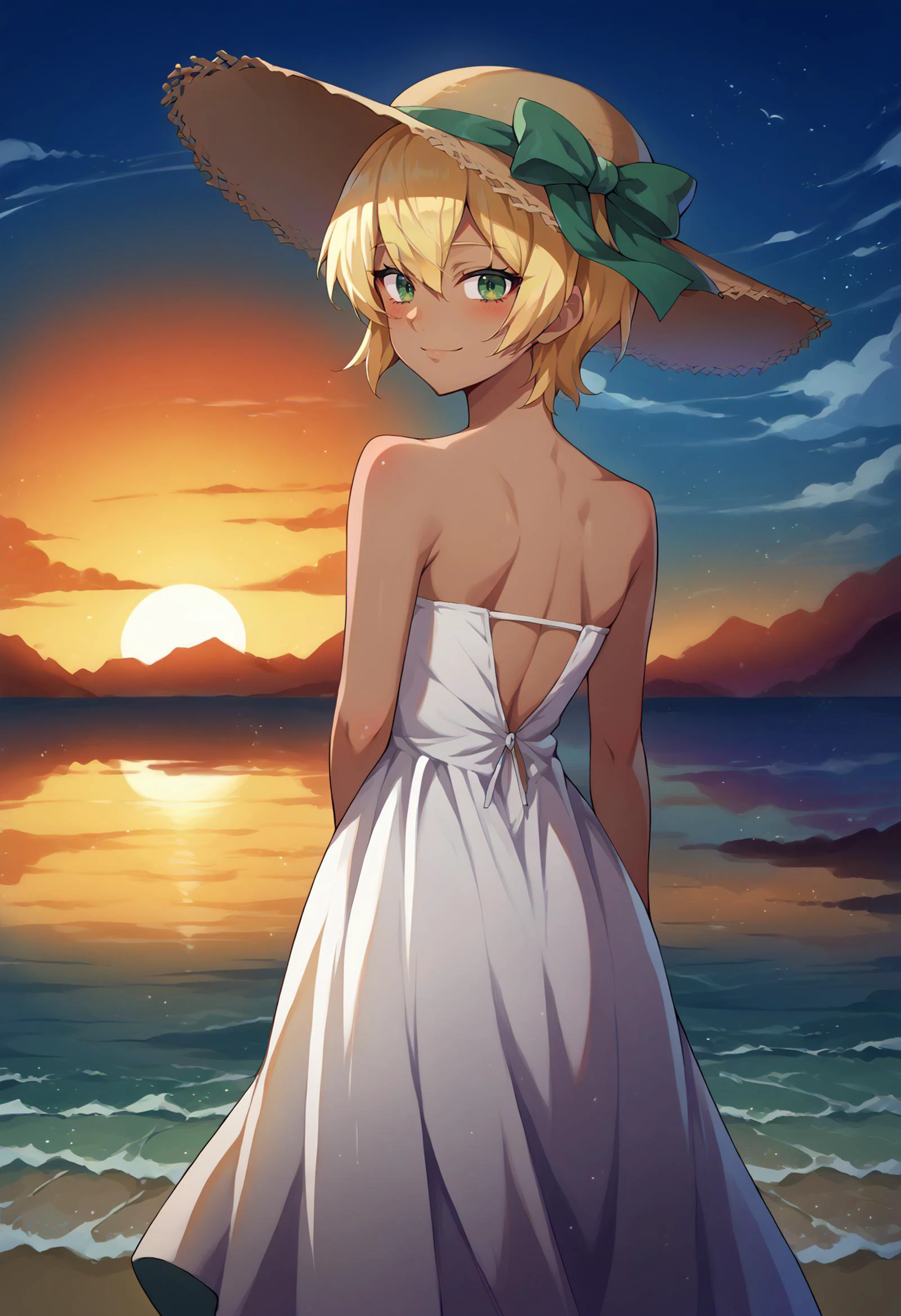 score_9, score_8_up,score_7_up, source_anime,1girl, solo, rating_safe, <lora:EPsnsIkumiMito:1>, EPsnsMitoIkumi, blonde hair, short hair, hair between eyes, dark skin, dark-skinned female, green eyes, smile, from behind, white dress, looking back, blush, arms behind back, bare shoulders, female focus, looking at viewer, hat, back, dress, sundress, outdoors, sun hat, sky, sunset, ocean, reflective water,