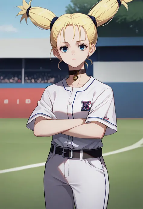 score_9, score_8_up, score_7_up, source_anime, solo, 1girl, nishimiya momo, expressionless, looking at viewer, crossed arms, twintails, baseball uniform, white shirt, short sleeves, white pants, choker, black belt, outdoors, stadium <lora:jjk_nishimiya_ponyXL:1>